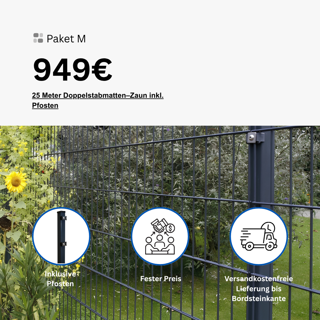 Paket M: 25 Meter Doppelstabmattenzaun entlang eines Gartens